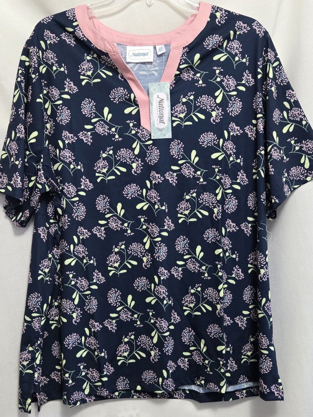 National Women's Navy Blue/Pink Floral V-Notch Neckline Knit Top
